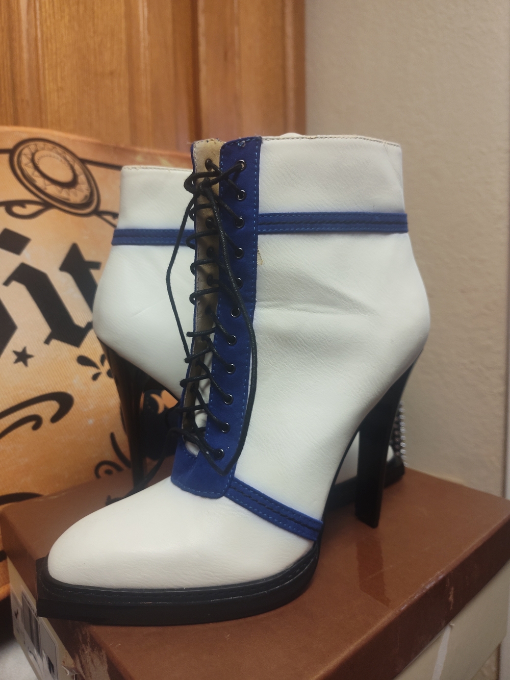 White and Blue Lace-Up Ankle Boots for Women